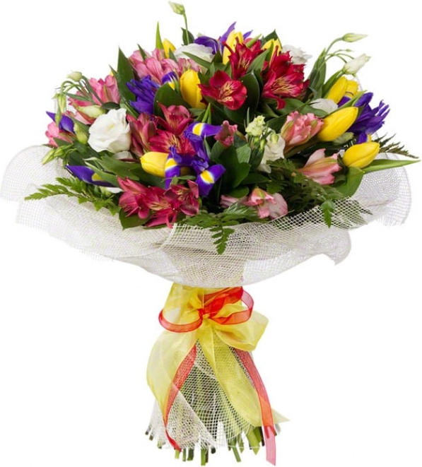 из тюльпанов и ярких альстромерий Букет «Салют»