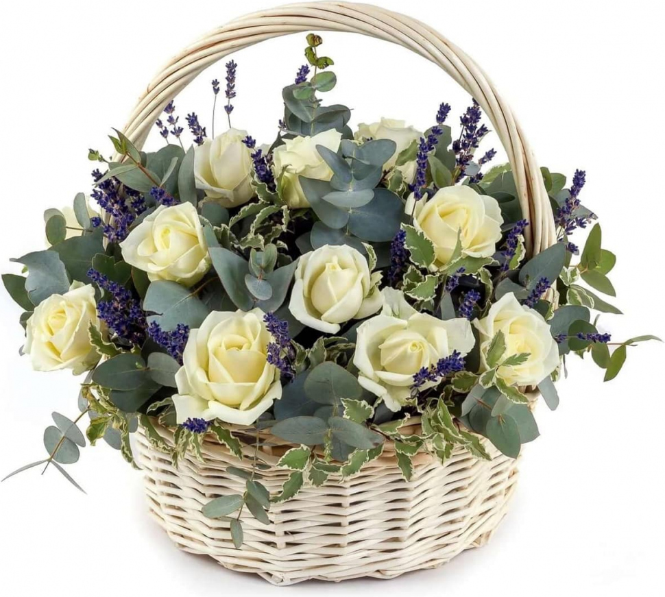 из белых роз и зелени Букет «Белый иний»